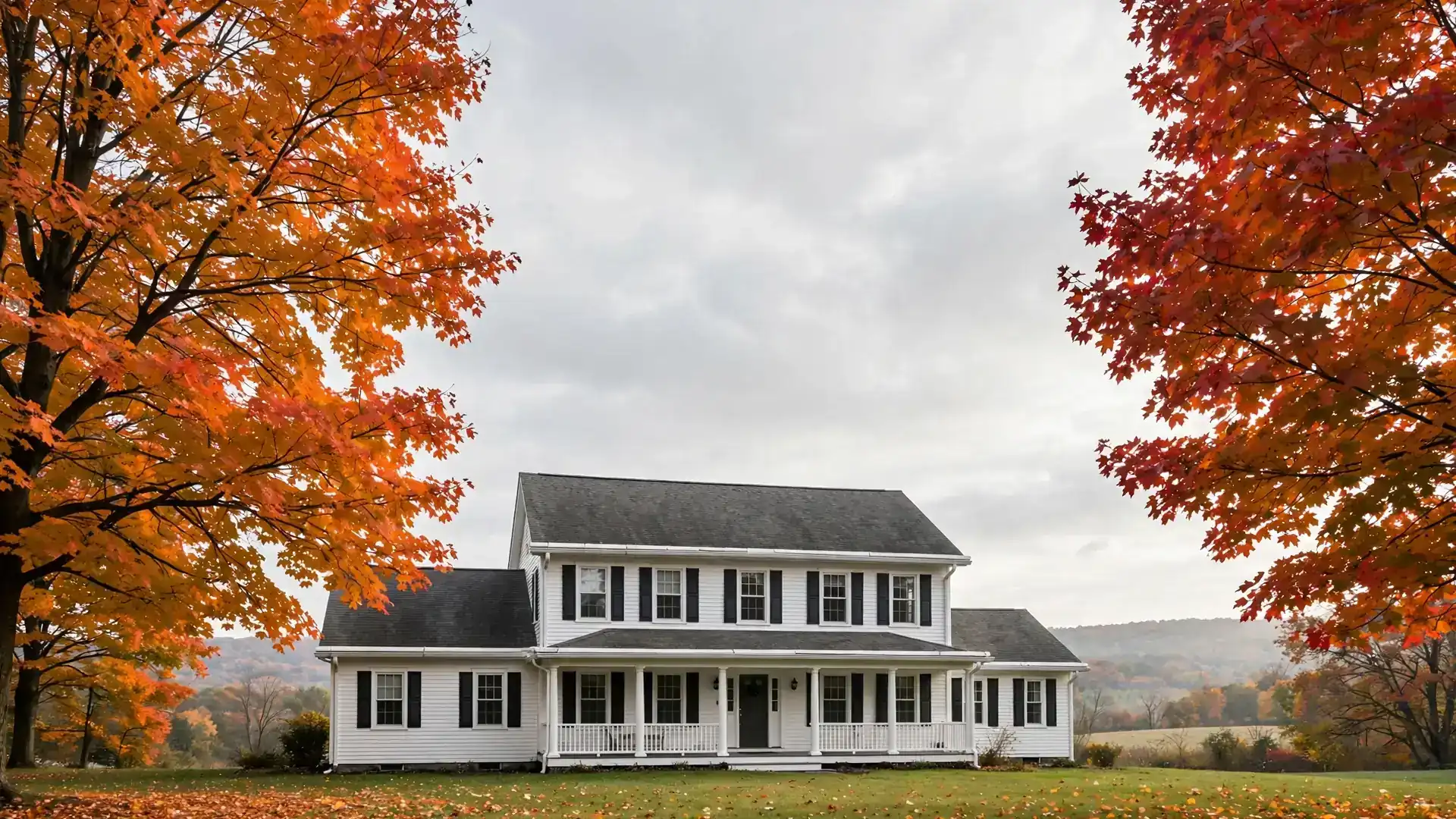 Two-story house with maple trees dropping leaves onto the gutters in a Rochester New York neighborhood